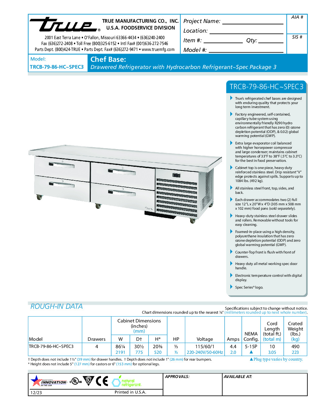 True TRCB-79-86-HC~SPEC3 Refrigerated Base Equipment Stand