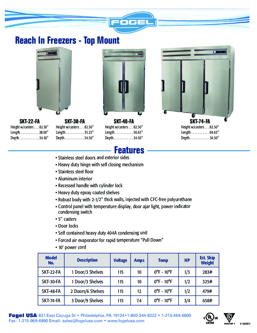 Fogel USA SKT-30-FA Reach-In Freezer