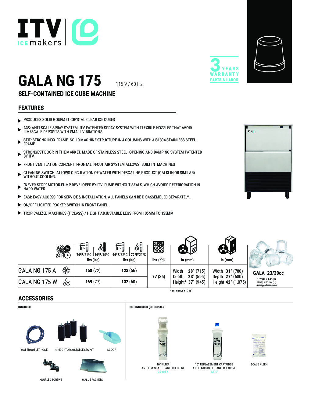 ITV GALA NG 175 Ice Maker with Bin, 75 lbs, Thimble Cubes, 158 lbs/Day