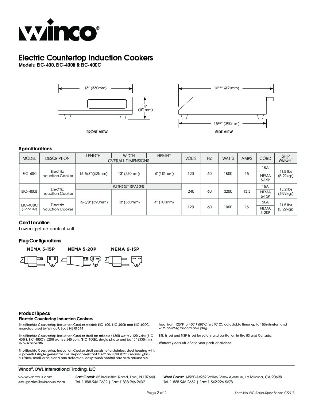 Winco EIC-400B Countertop Induction Range