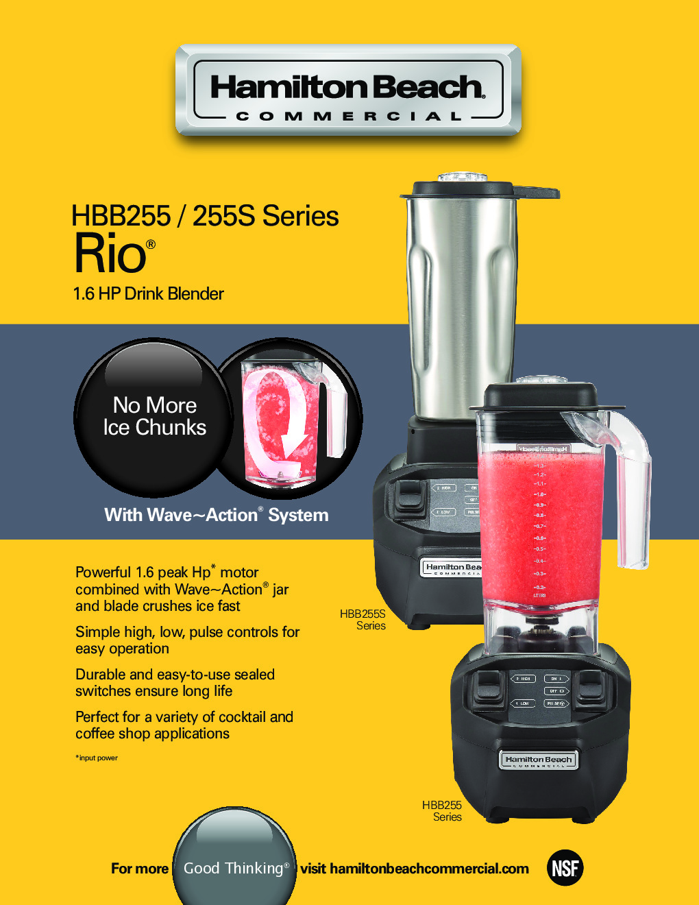 Hamilton Beach HBB255S Rio 1.6 hp Commercial Drink Blender with 2 Speeds  and 32 oz. Stainless Steel Jar - 120V