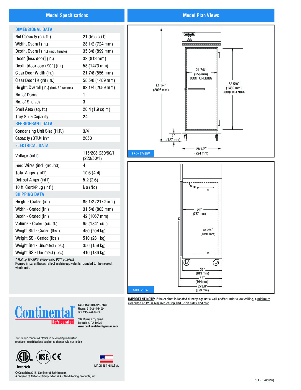 Continental Refrigerator 1FE-LT Reach-In Low Temperature Freezer
