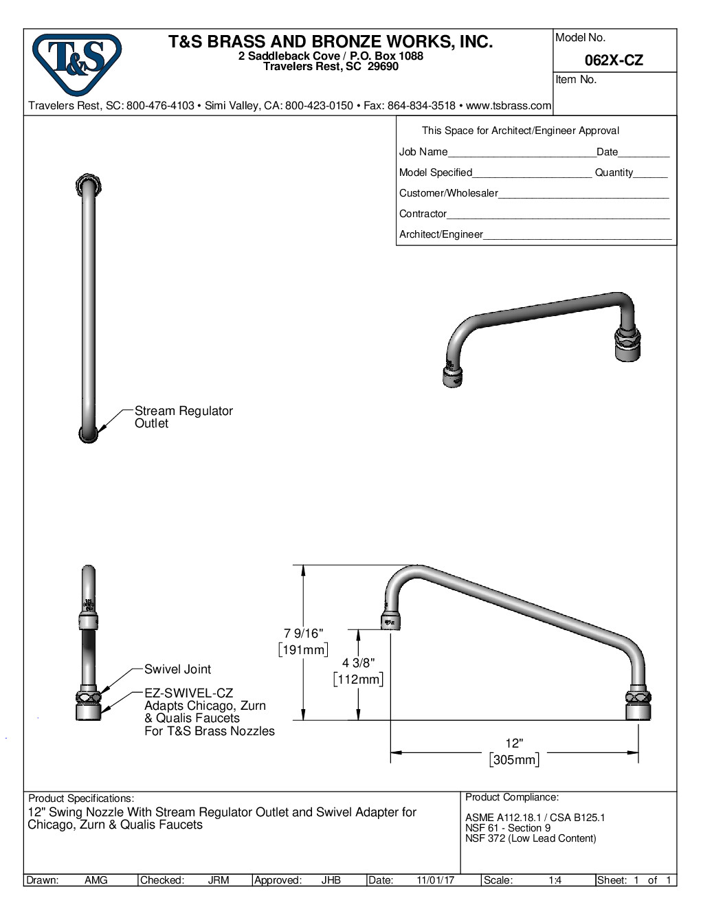 T&S Brass 062X-CZ Spout / Nozzle Faucet