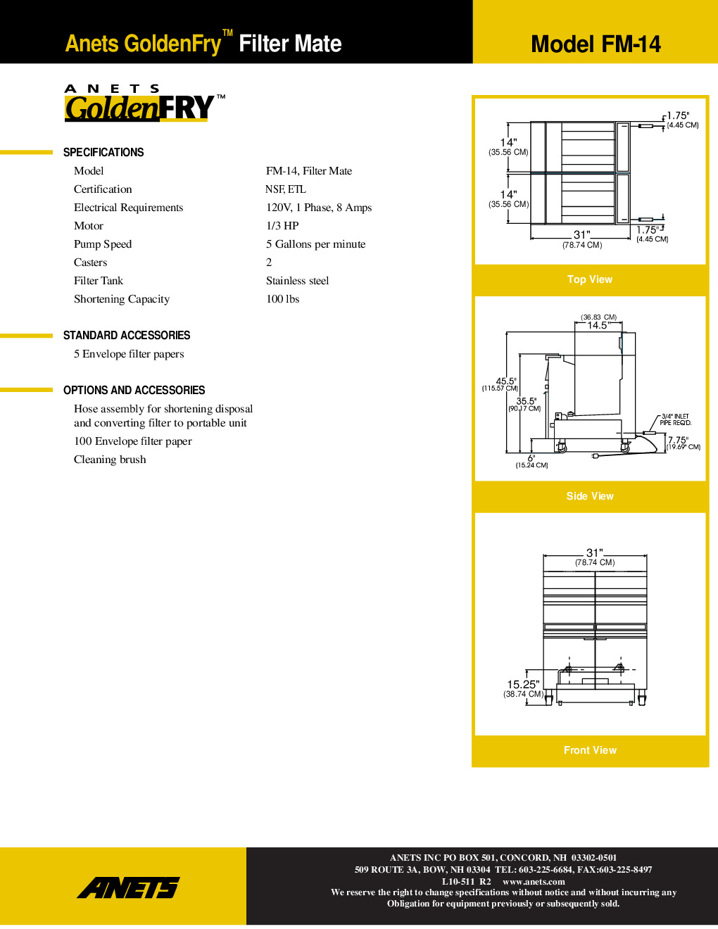 ANETS FM-14-4 Built-In Fryer Filter Drawer Design w/ 100-Lb Capacity, Filter Starter Kit, 5 GPM
