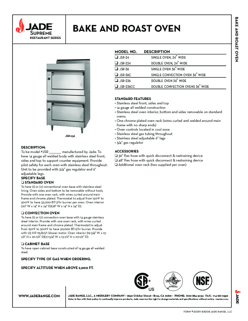 Jade JBR-236C Restaurant Type Bake & Roast Oven Gas Oven w/ 1 Standard & 1 Convection Oven