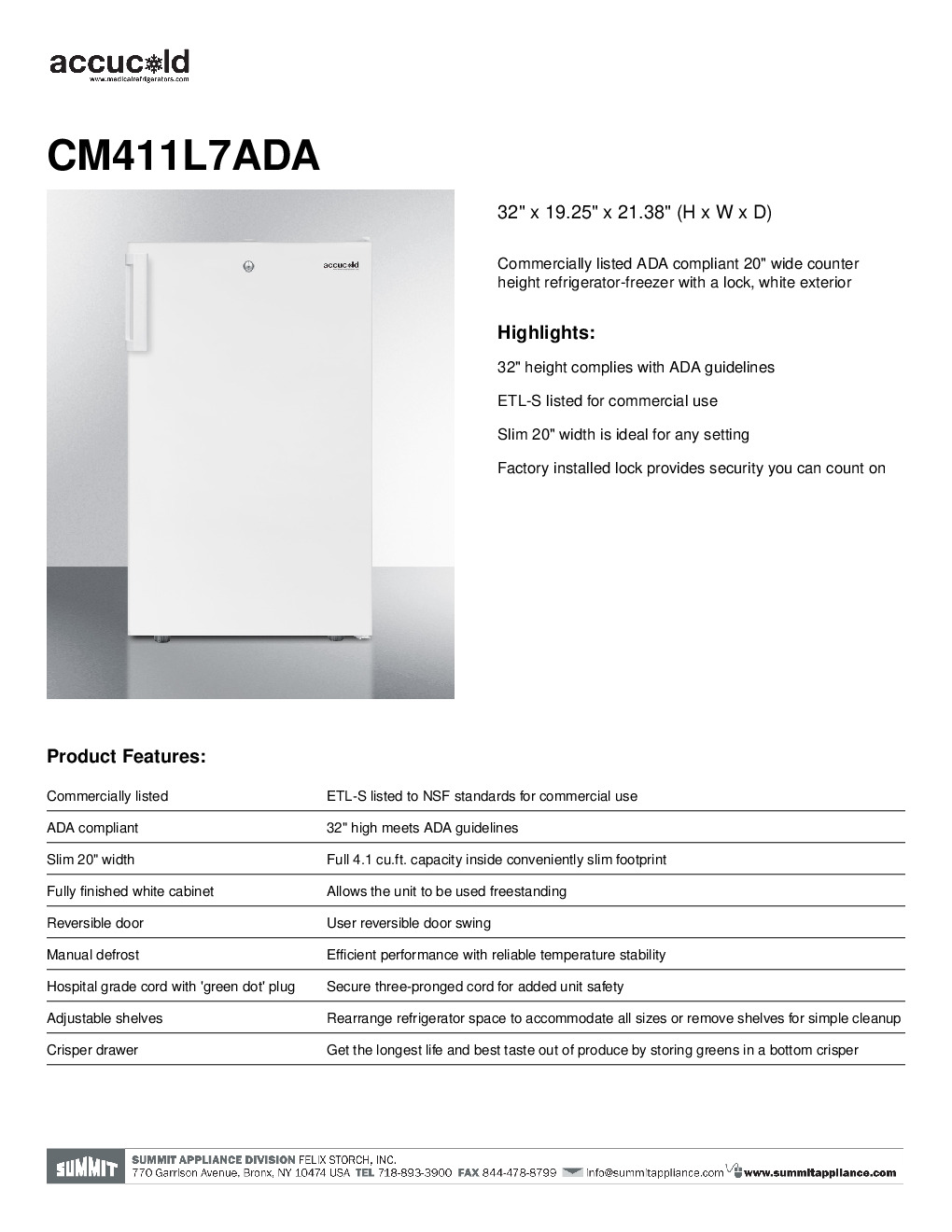 Summit CM411L7ADA One Section Undercounter Refrigerator Freezer, 4.1 cu. ft.
