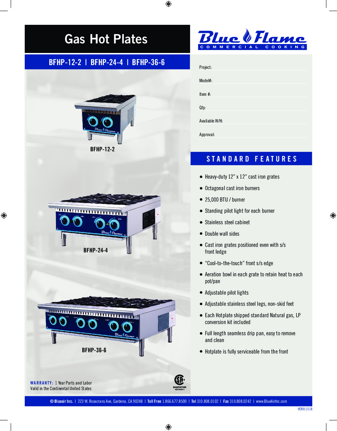 Blue Air BFHP-36-6 Gas Countertop Hotplate