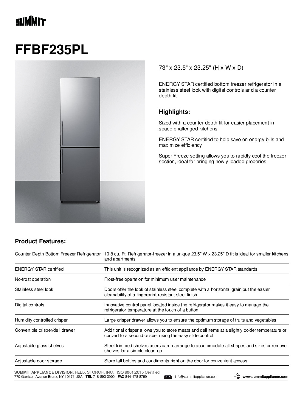 Summit FFBF235PL Reach-In Refrigerator Freezer