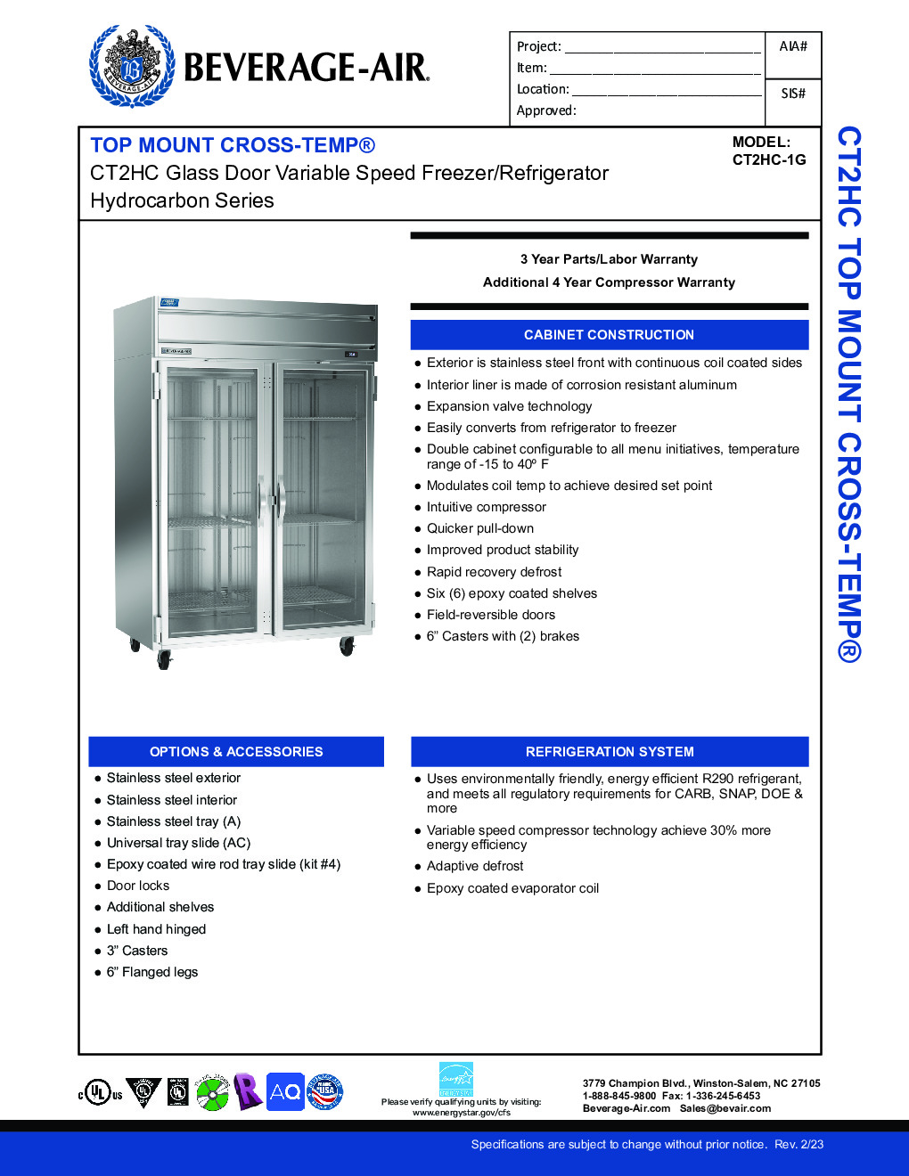 Beverage Air CT2HC-1G Convertible Refrigerator Freezer w/ 45.2 Cu.Ft., 4 Glass Half Doors