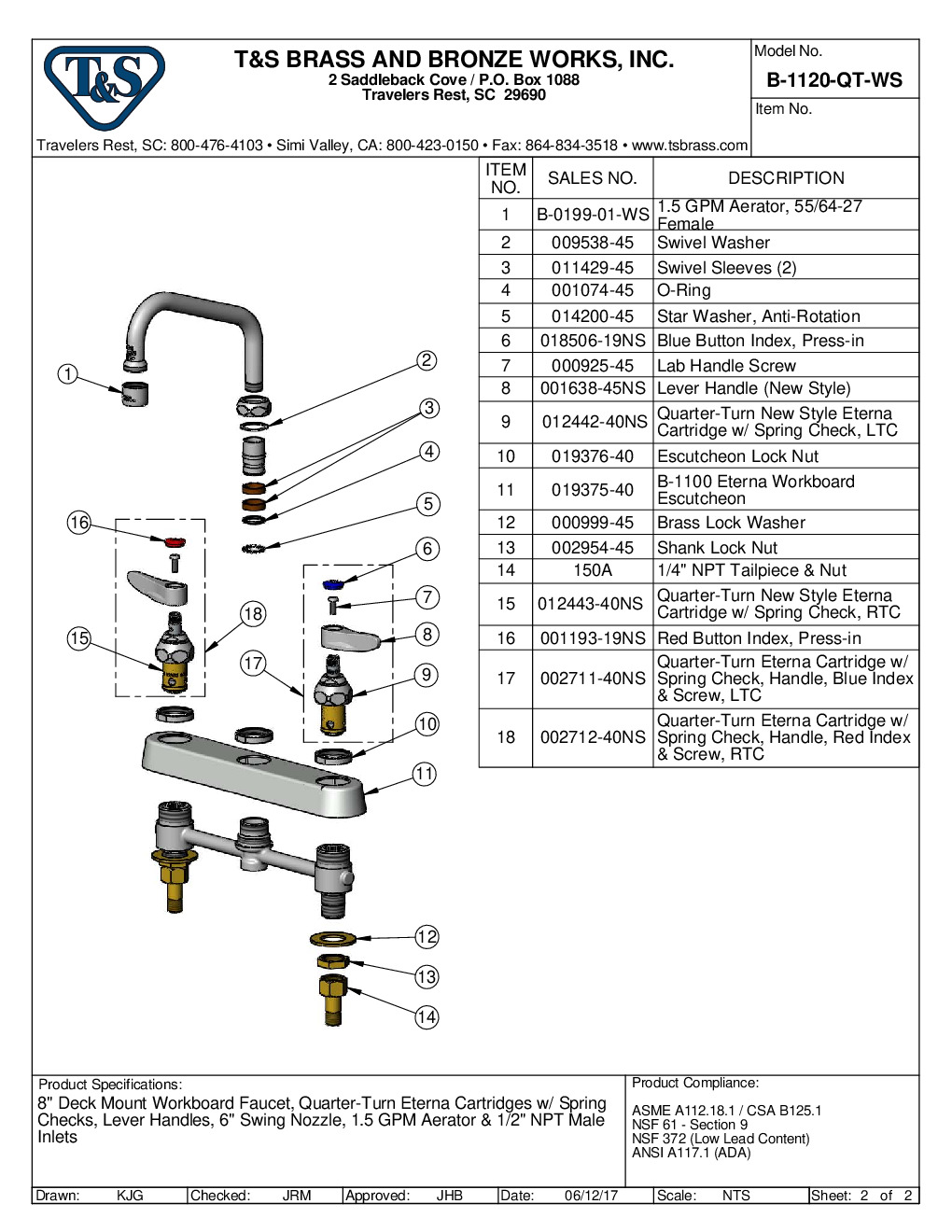 T&S Brass B-1120-QT-WS Deck Mount Faucet