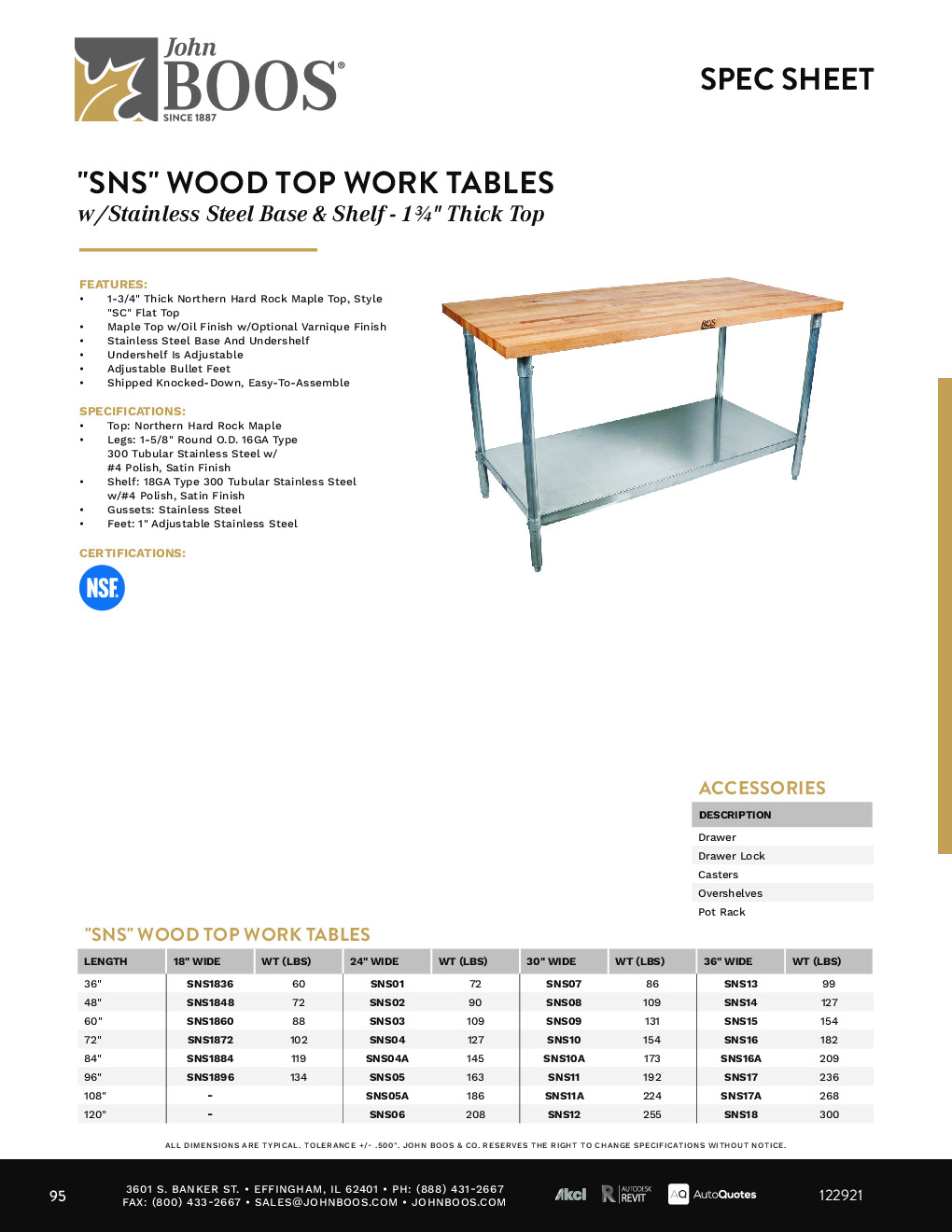 John Boos SNS03-X Wood Top Work Table