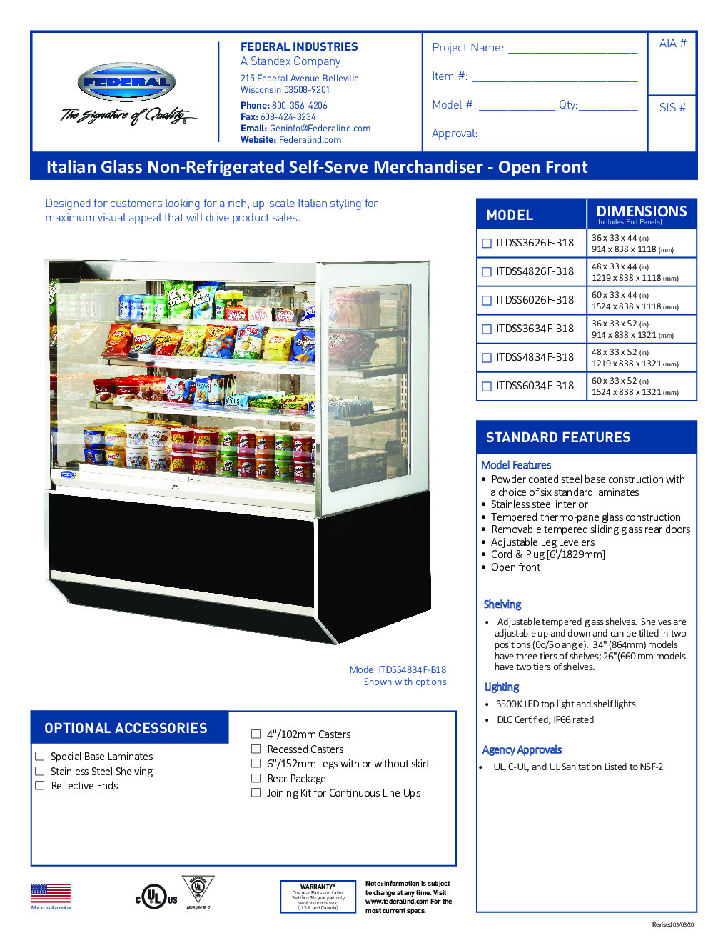 Federal Industries ITDSS4834F-B18 Self-Serve Non-Refrigerated Display Case