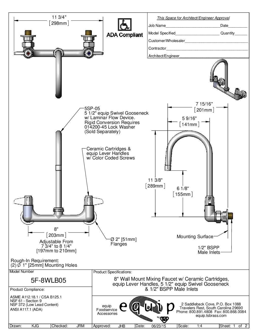 T&S Brass 5F-8WLB05 Wall / Splash Mount Faucet