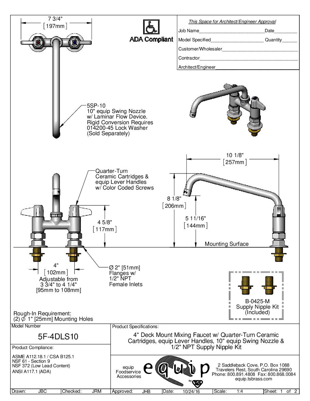T&S Brass 5F-4DLS10 Deck Mount Faucet