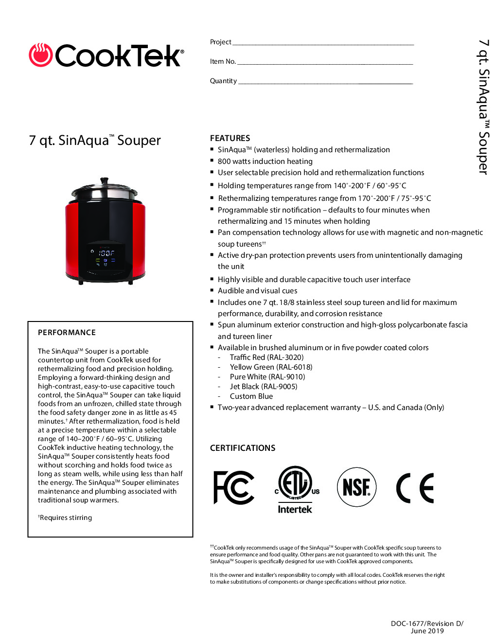 CookTek 675101 7 qt Countertop Induction Soup Kettle w/ Thermostatic  Controls, 100-120v