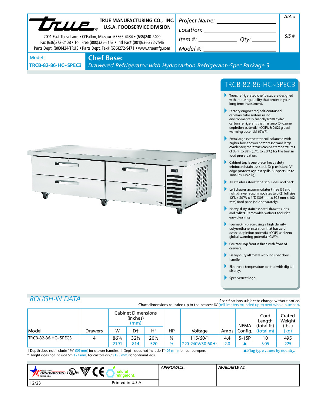 True TRCB-82-86-HC~SPEC3 Refrigerated Base Equipment Stand