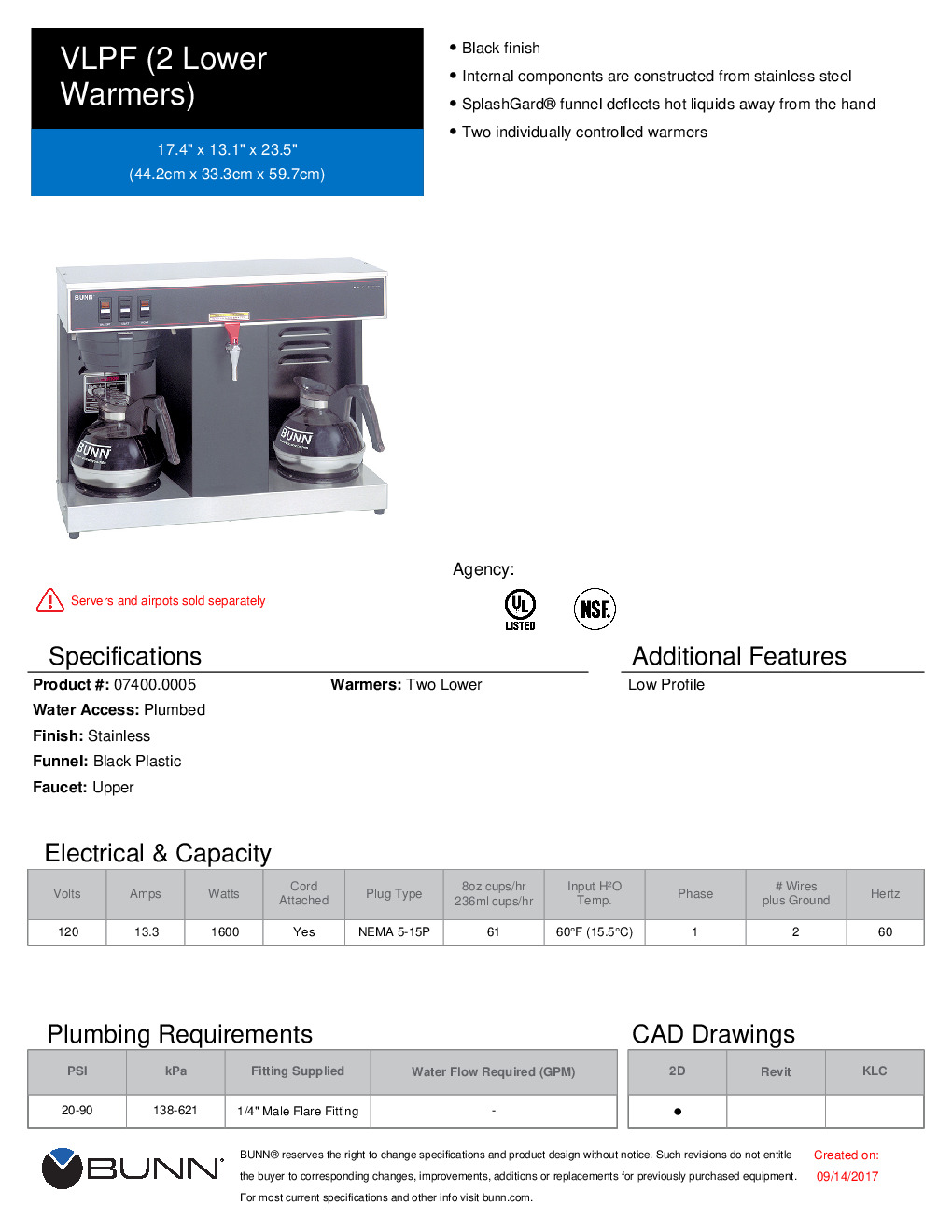 Bunn 07400.0005 VLPF Automatic Coffee Brewer with Two Lower