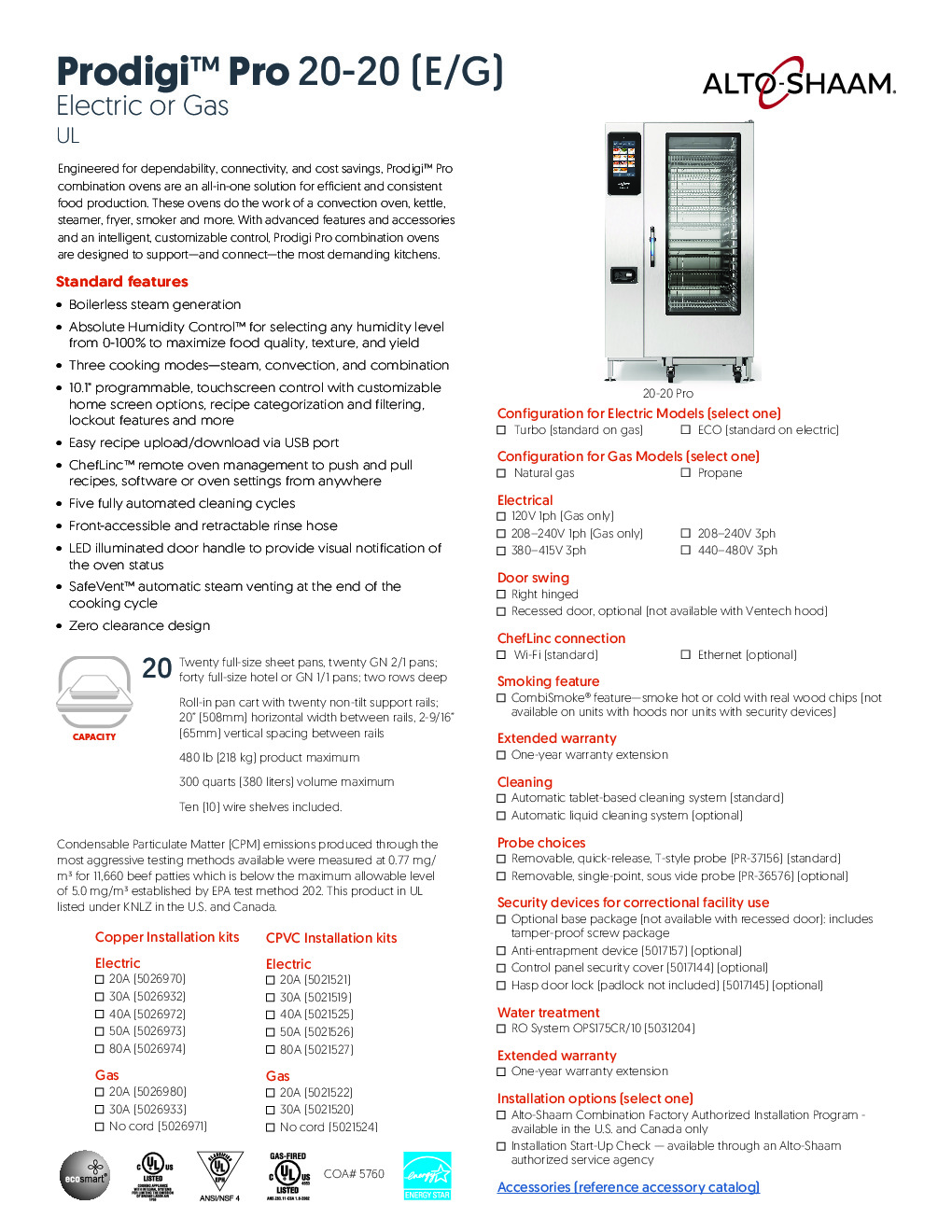 Alto-Shaam 20-20G PRO Gas Combi Oven, Wifi Enabled Controls, 20 Full Size Pan Cap.