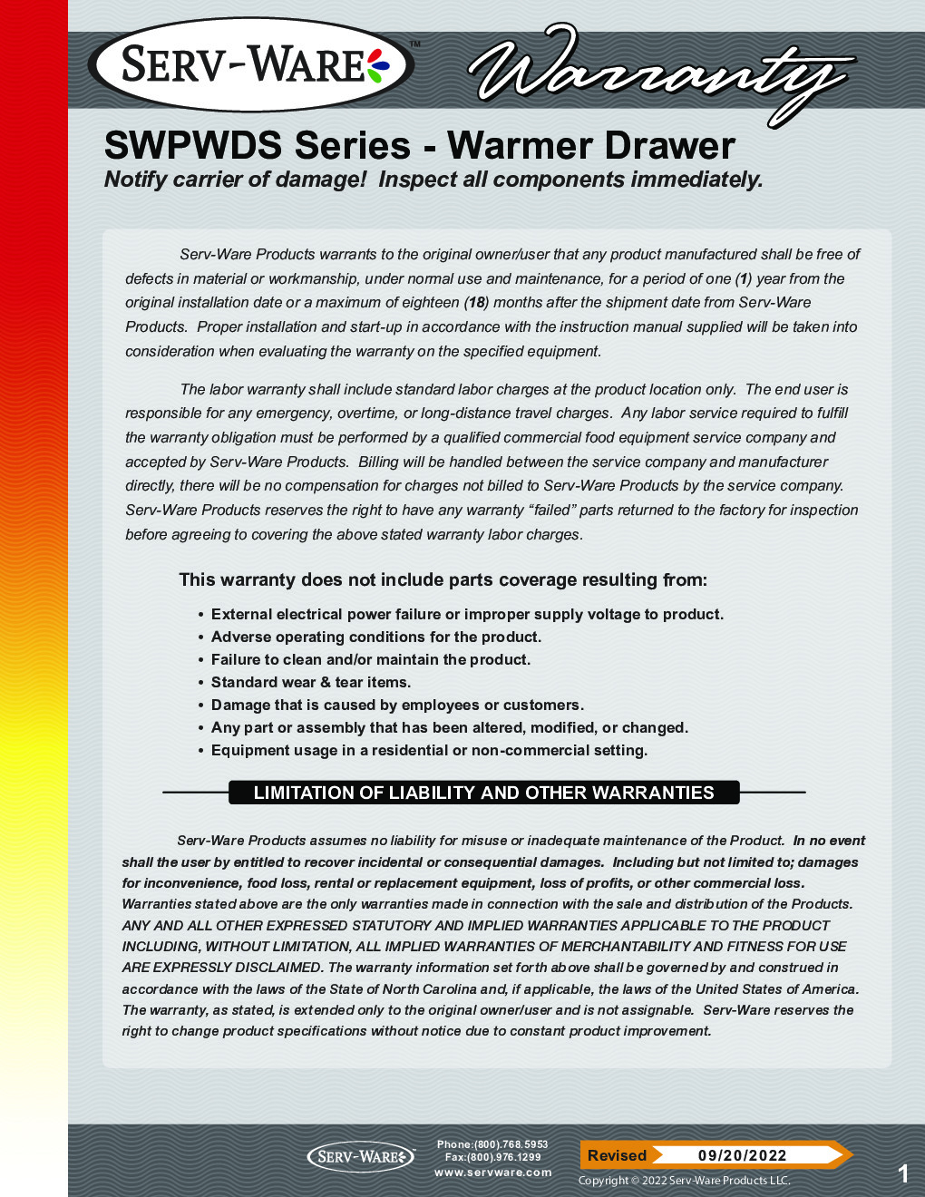 Serv-Ware SWPWDS-1 Free Standing Warming Drawer