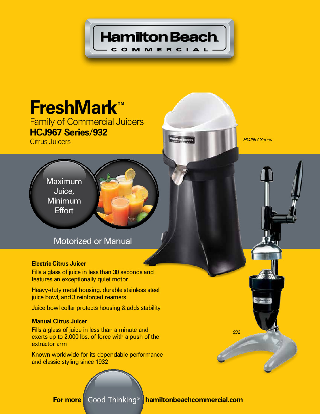 Hamilton Beach HCJ967 Electric Citrus Juicer w/ 3 Reamers, Induction Motor, Extra Tall Open Spout