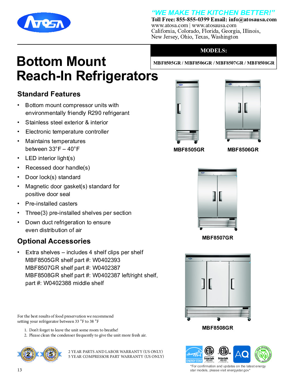 Atosa USA MBF8506GR Two Section Reach-In Refrigerator w/ 2 Solid Door, Bottom Mounted, Stainless Steel 28.5 cu. ft.