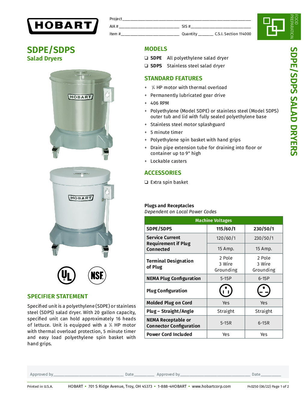 Hobart SDPE-11 Floor Model 20-Gallon Salad / Vegetable Dryer with Polyethylene Outer Tub & Lid, 1/4 hp, 115v/60/1-ph