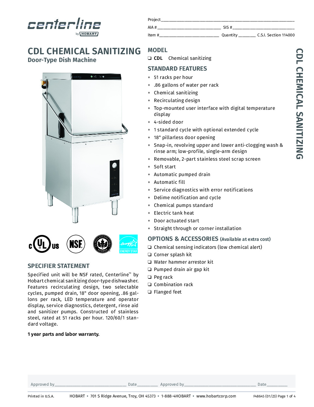 Centerline by Hobart CDL-1 Door Type Dishwasher, 51 Racks/Hr -44 Gal/Hr -Low Temp Electric Tank Heat -1 Wash Cycle/17