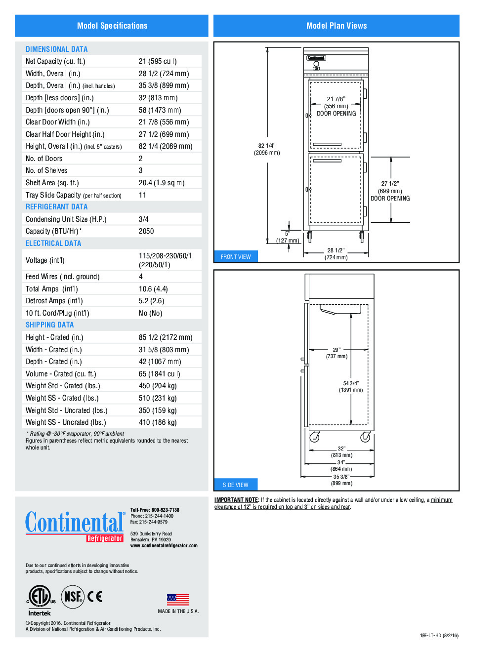 Continental Refrigerator 1FE-LT-HD Reach-In Low Temperature Freezer