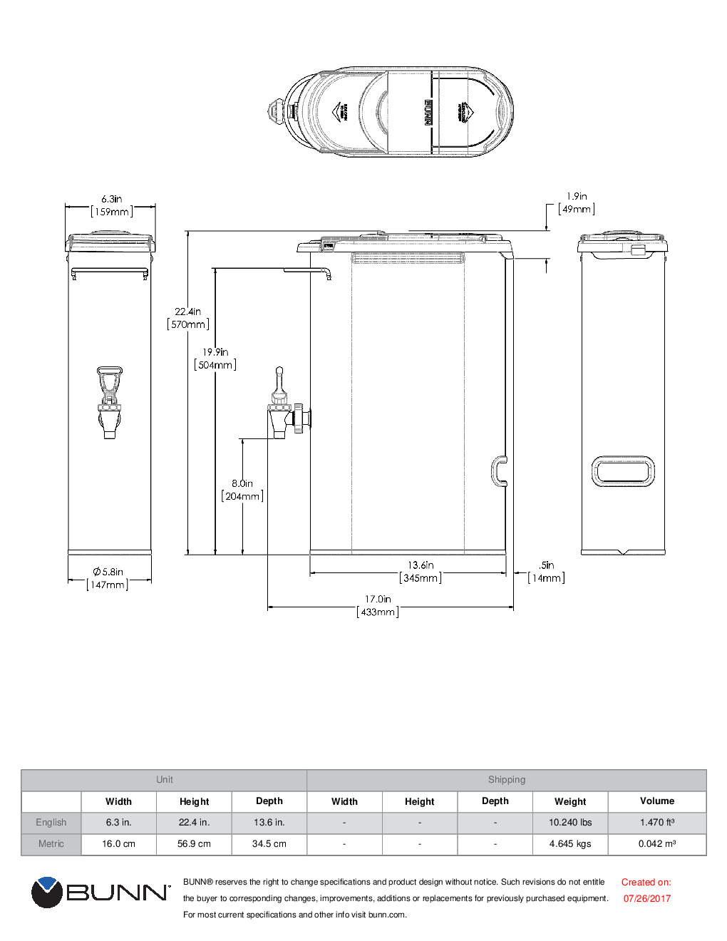 Bunn TDO-N-3.5 3 1/2 gal Narrow Iced Tea Coffee Dispenser w/o Handles  (39600.0001)