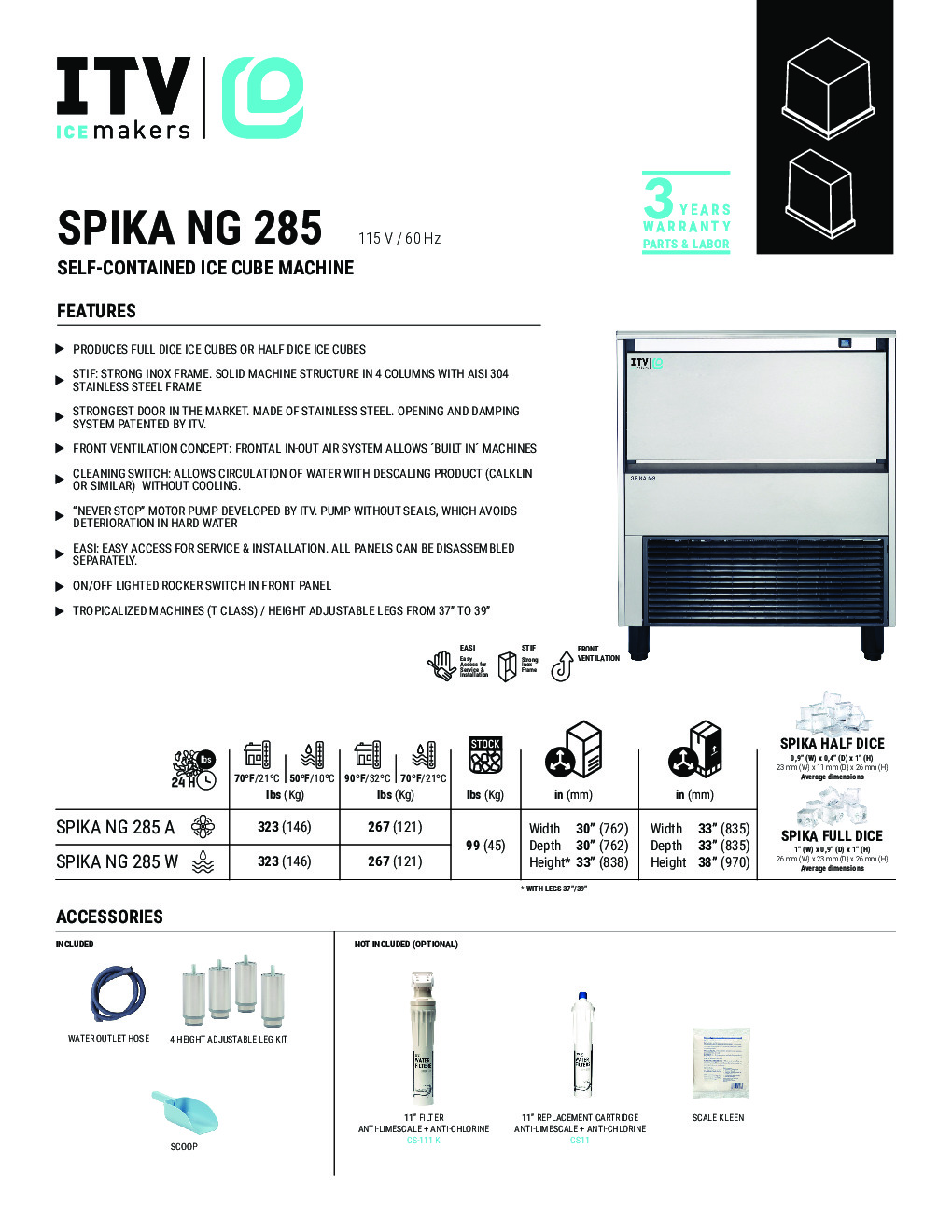 ITV SPIKA NG 285 Ice Maker with Bin, 99 lbs, Adjustable Cubes, 323 lbs/Day