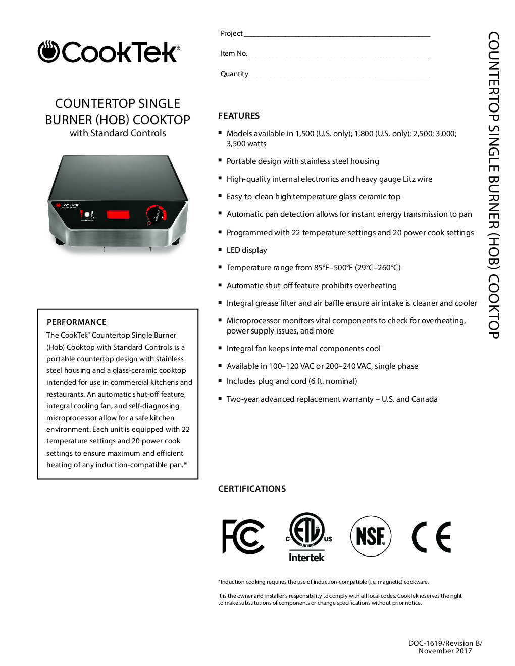 CookTek 600701 Countertop Induction Range