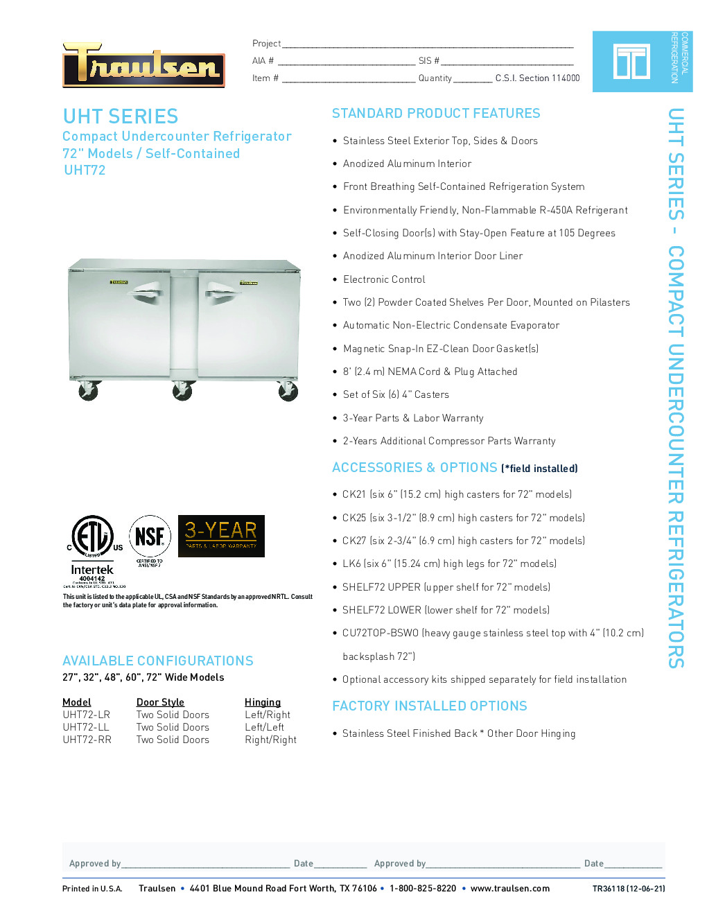 Traulsen UHT72-LL Reach-In Undercounter Refrigerator