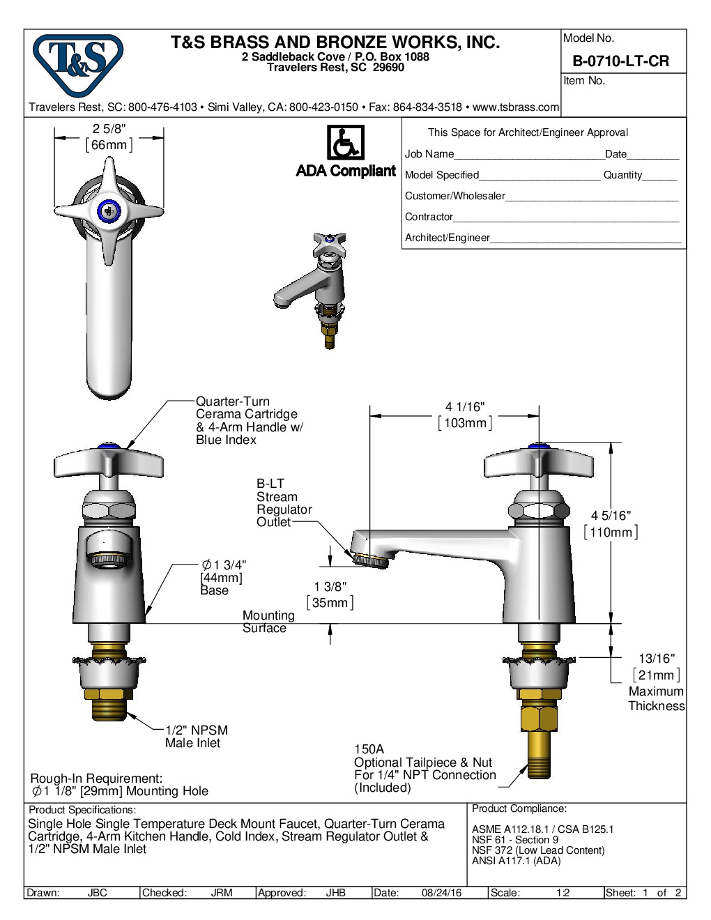 T&S Brass B-0710-LT-CR Service Sink Faucet