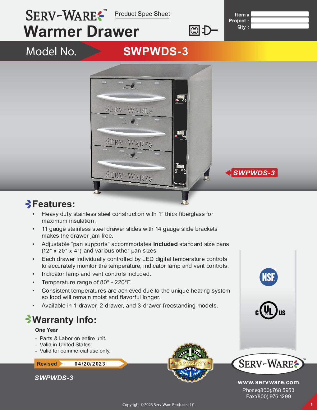 Serv-Ware SWPWDS-3 Free Standing Warming Drawer