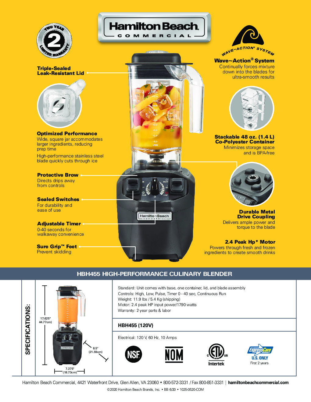 Hamilton Beach HBH455 Countertop Drink Blender w/ Polycarbonate Container