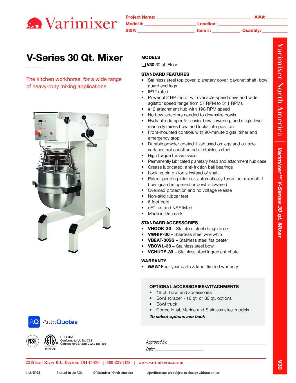 Varimixer V30 30-Qt. Planetary Mixer, Floor Model w/ Accessories, #12 Attachment Hub, 2 HP