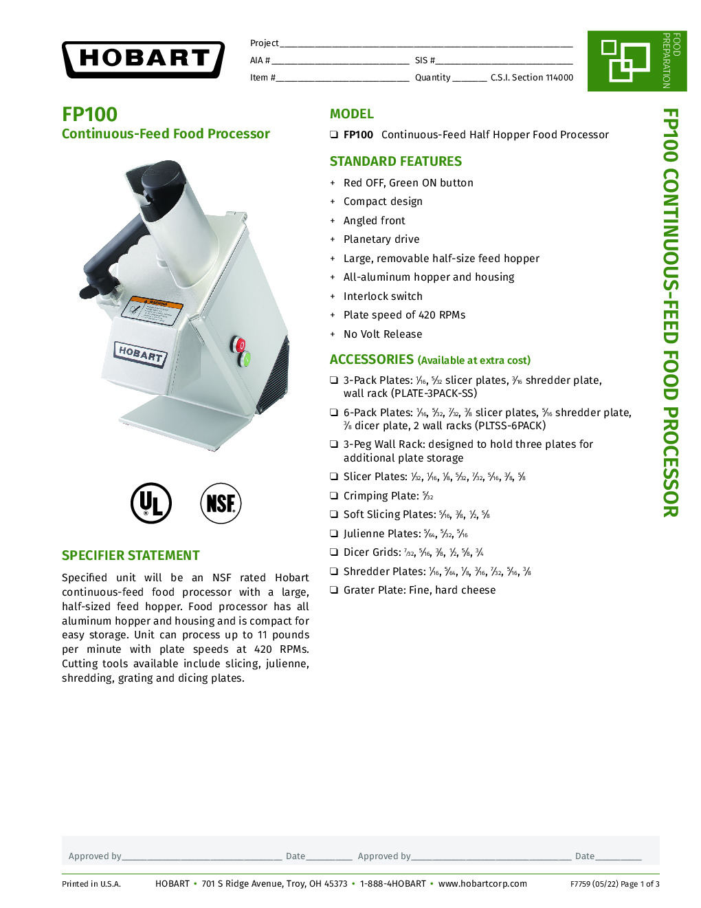 Hobart FP100-1 Benchtop Continuous Feed Food Processor, Unit Only, Half Size Hopper, 11 Ib Per Minute, 1/3 hp, 120v/60/1-ph