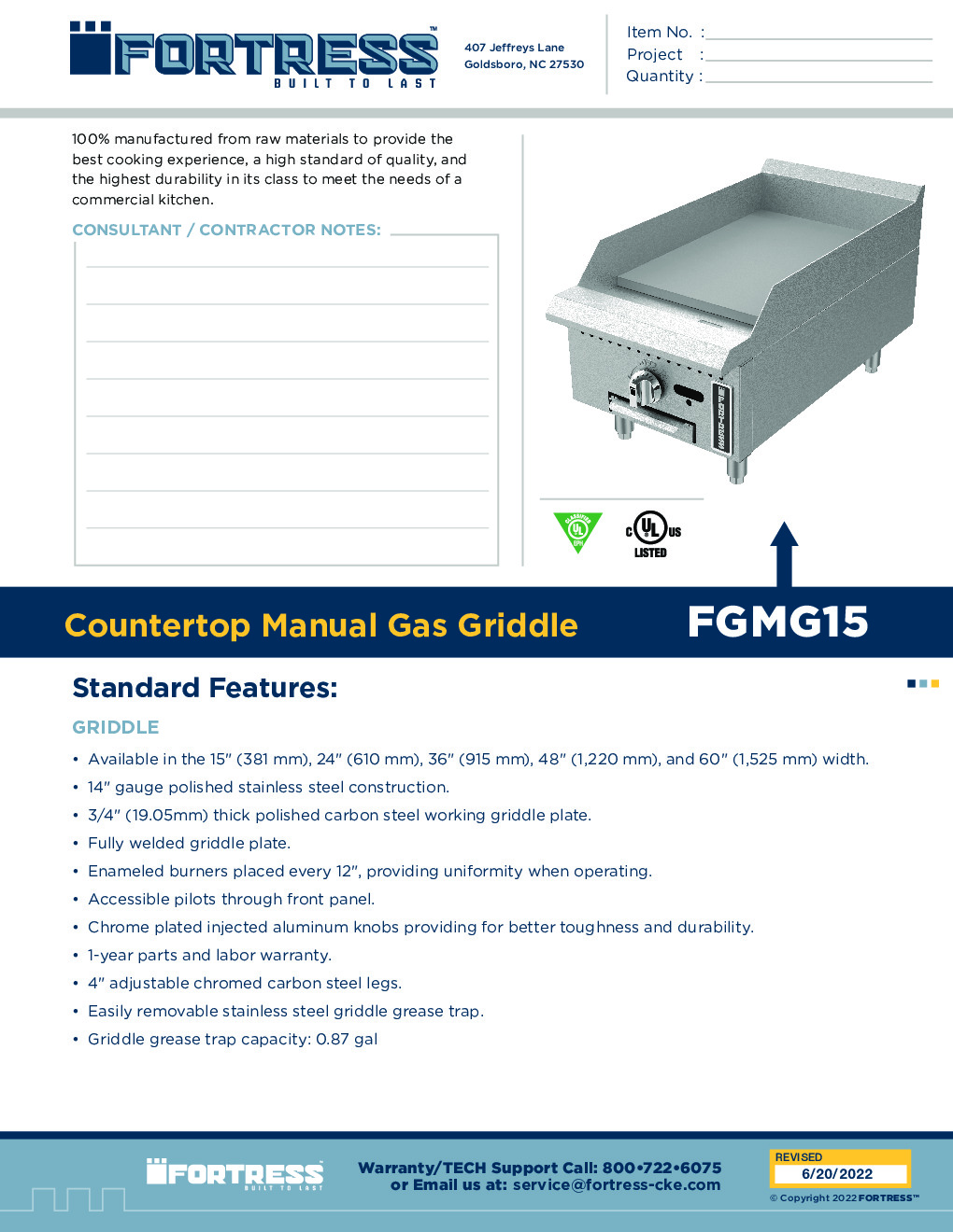 Fortress FGTG15 Countertop Gas Griddle