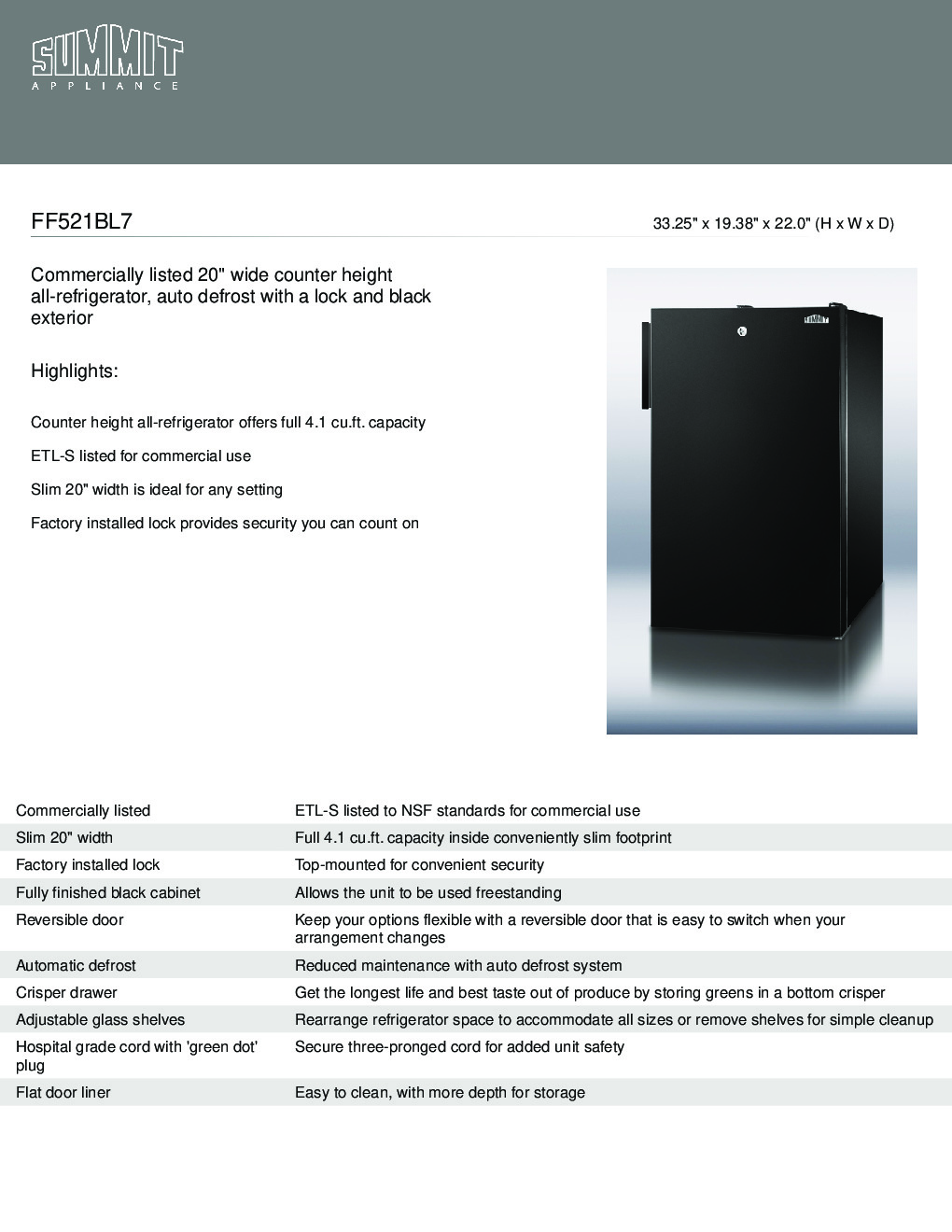 Summit FF521BL7 Reach-In Undercounter Refrigerator