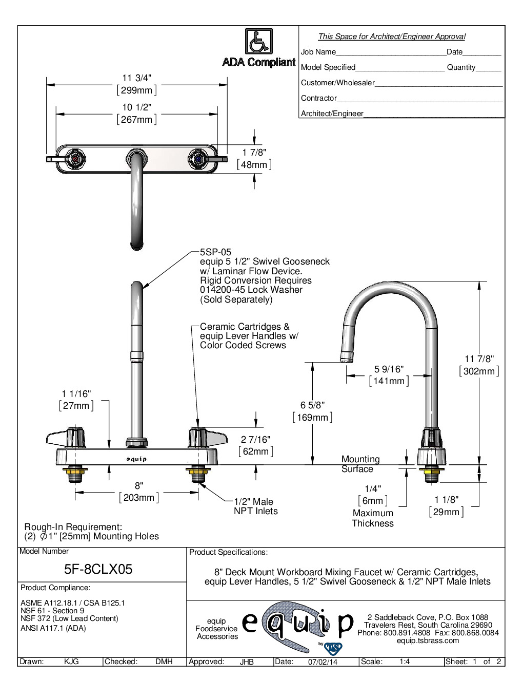 T&S Brass 5F-8CLX05 Deck Mount Faucet