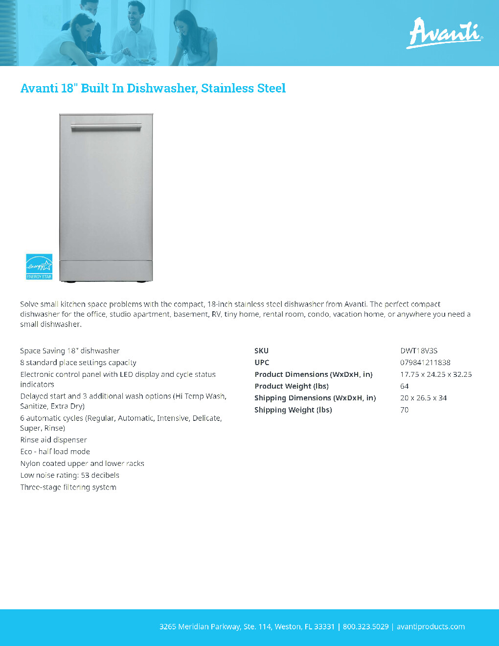 Avanti DWT18V3S Residential Dishwasher