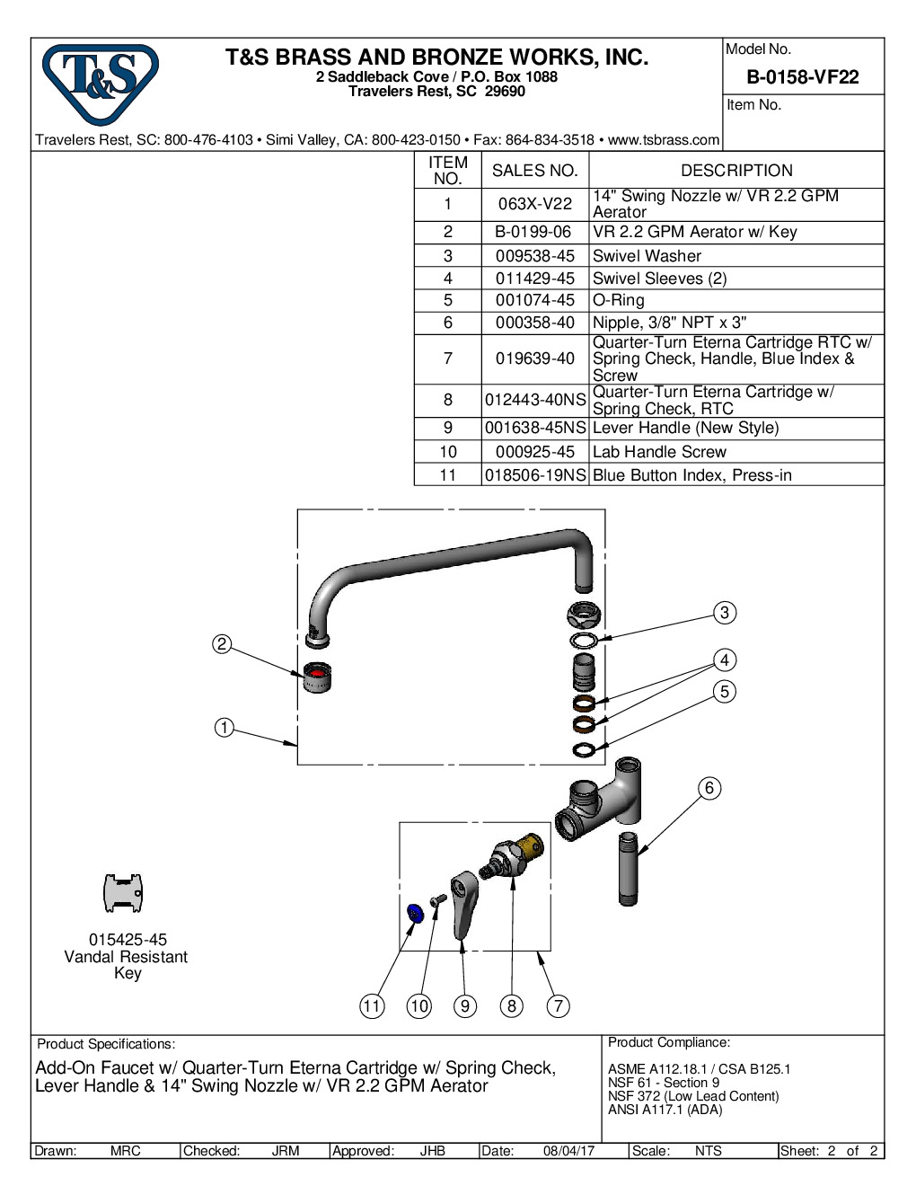 T&S Brass B-0158-VF22 Add On Faucet Pre-Rinse