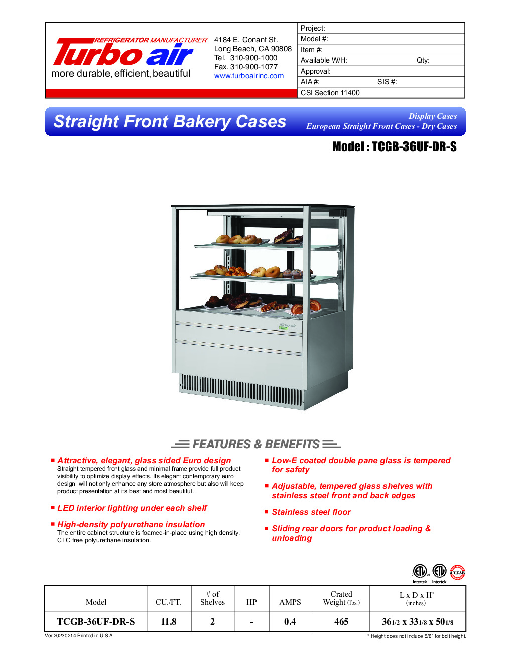 Turbo Air TCGB-36UF-DR-S Non-Refrigerated Bakery Display Case