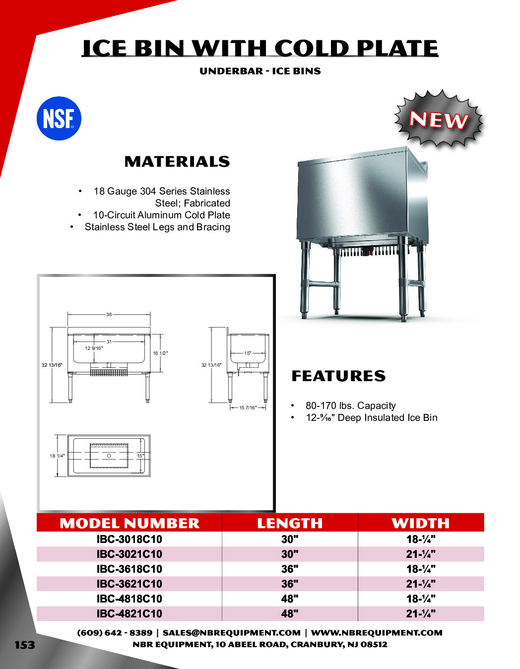 NBR Equipment IBC-3621C10 Stainless Steel Insulated Underbar Ice Bin w/ 10 Circuit Cold Plate