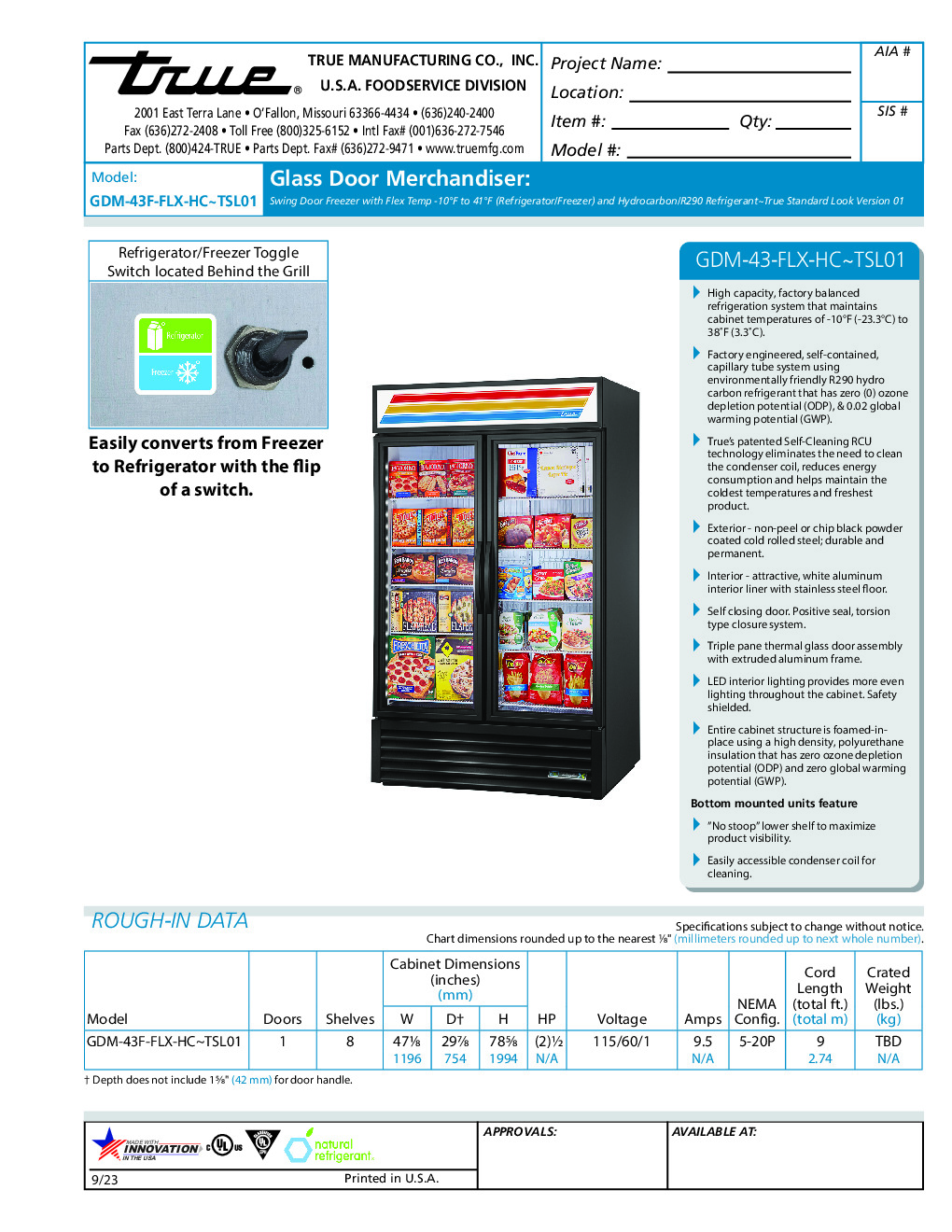True GDM-43F-FLX-HC~TSL01 Convertible Refrigerator Freezer