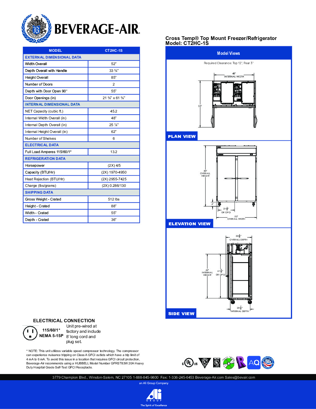 Beverage Air CT2HC-1S Convertible Refrigerator Freezer w/ 45.2 Cu.Ft. Capacity, 2 Solid Doors