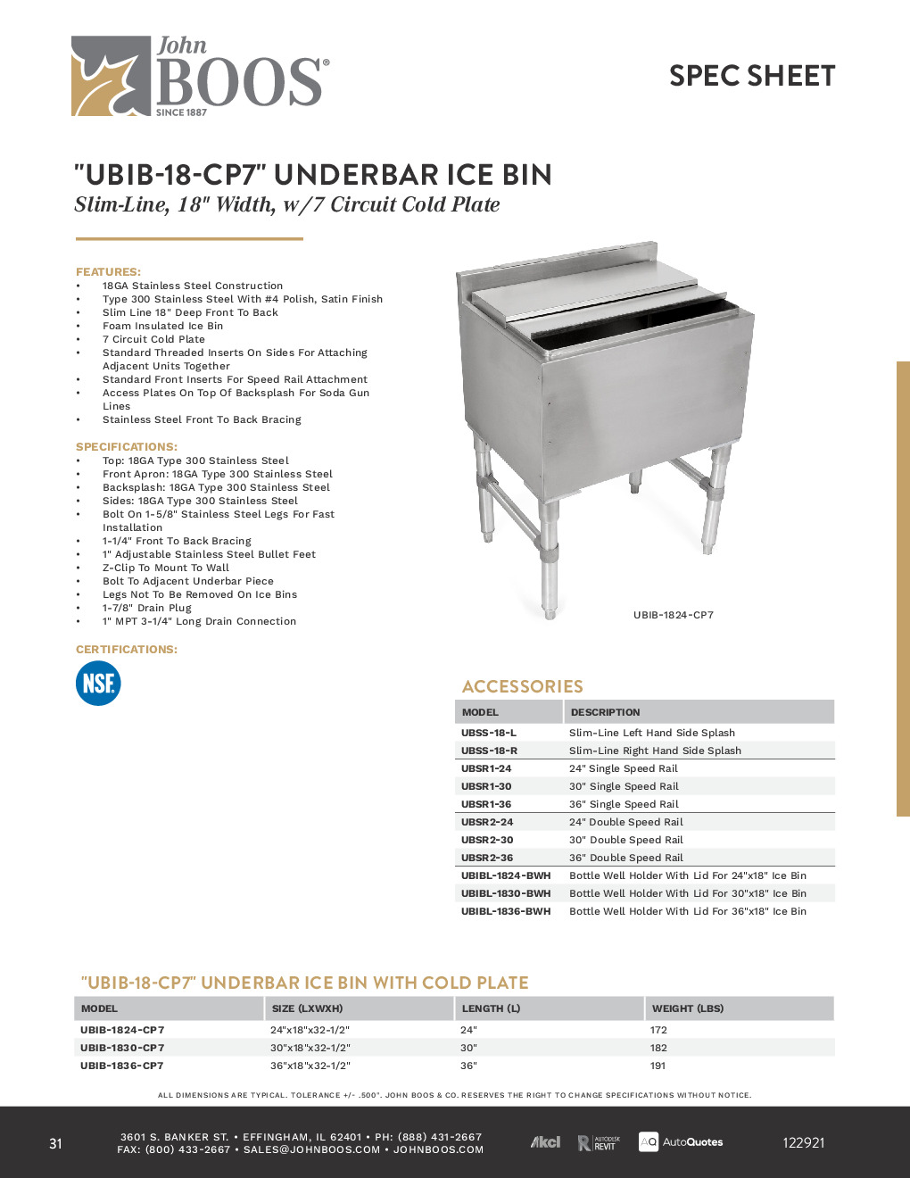 John Boos UBIB-1830-CP7-X Insulated Underbar Ice Bin w/ Cold Plate and Sliding Lid