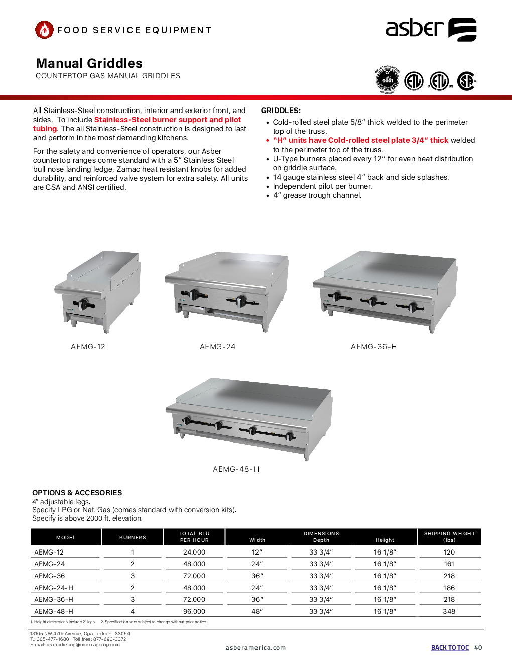 Asber AEMG-36 Countertop Gas Manual Griddle, 3 x 24,000 BTU - 36