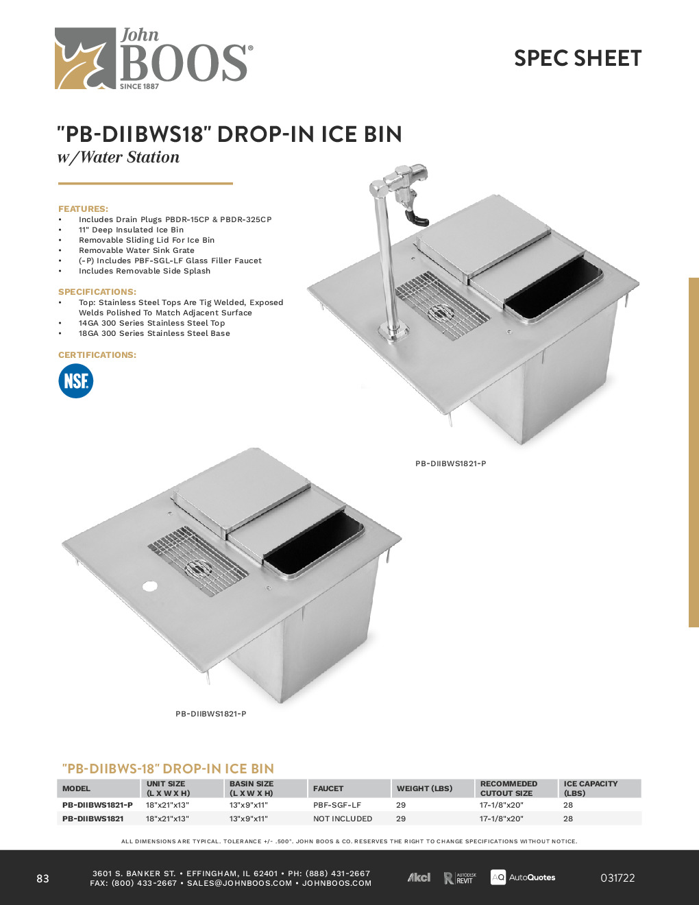 John Boos PB-DIIBWS1821-P-X Drop-in Water Station w/ Insulated Ice Bin