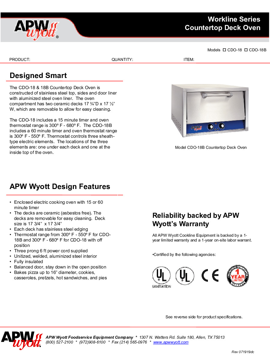 APW Wyott CDO-18 Electric Countertop Pizza Bake Oven